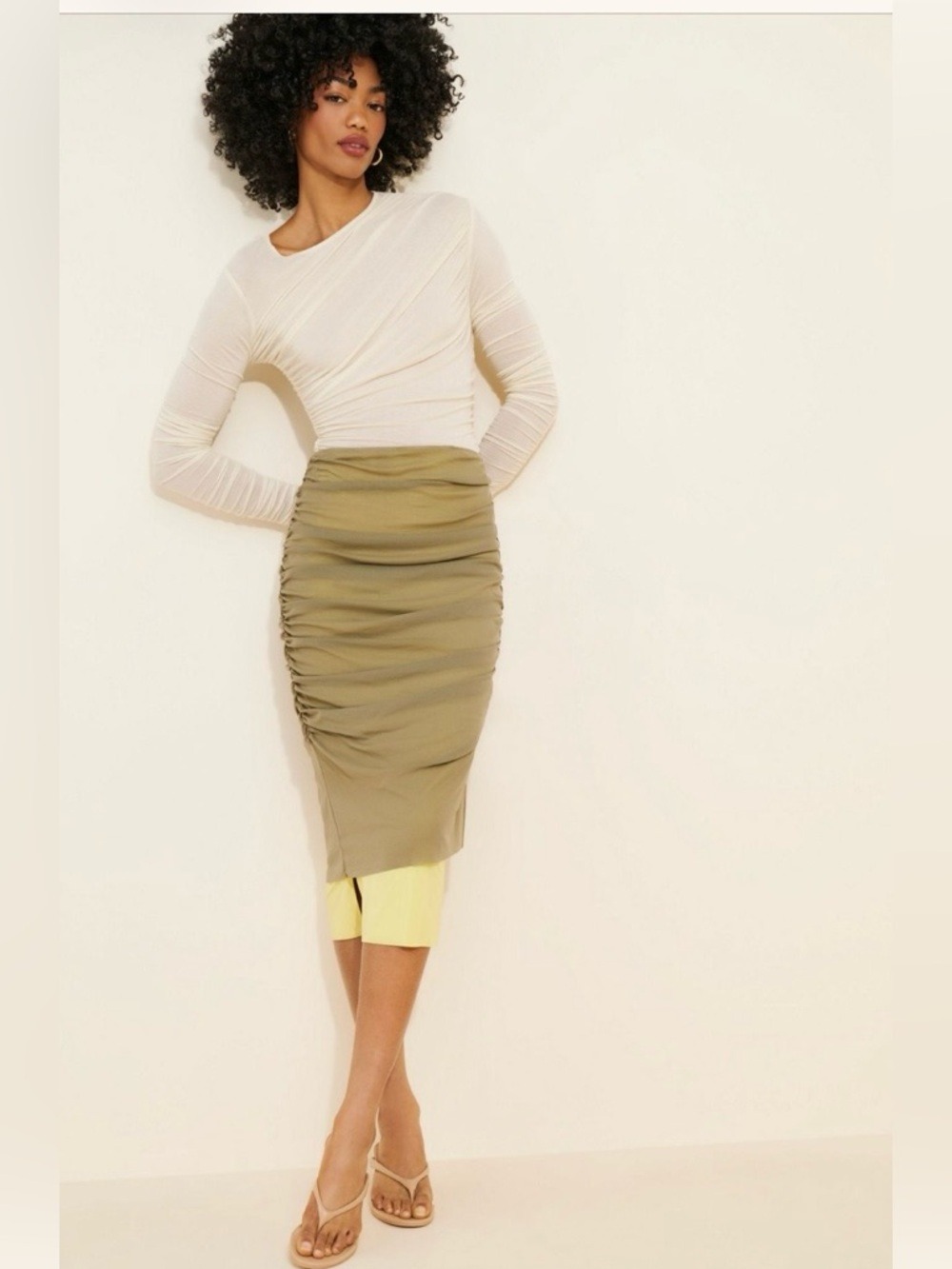 Free People Olive Ruched Midi Pencil Skirt
